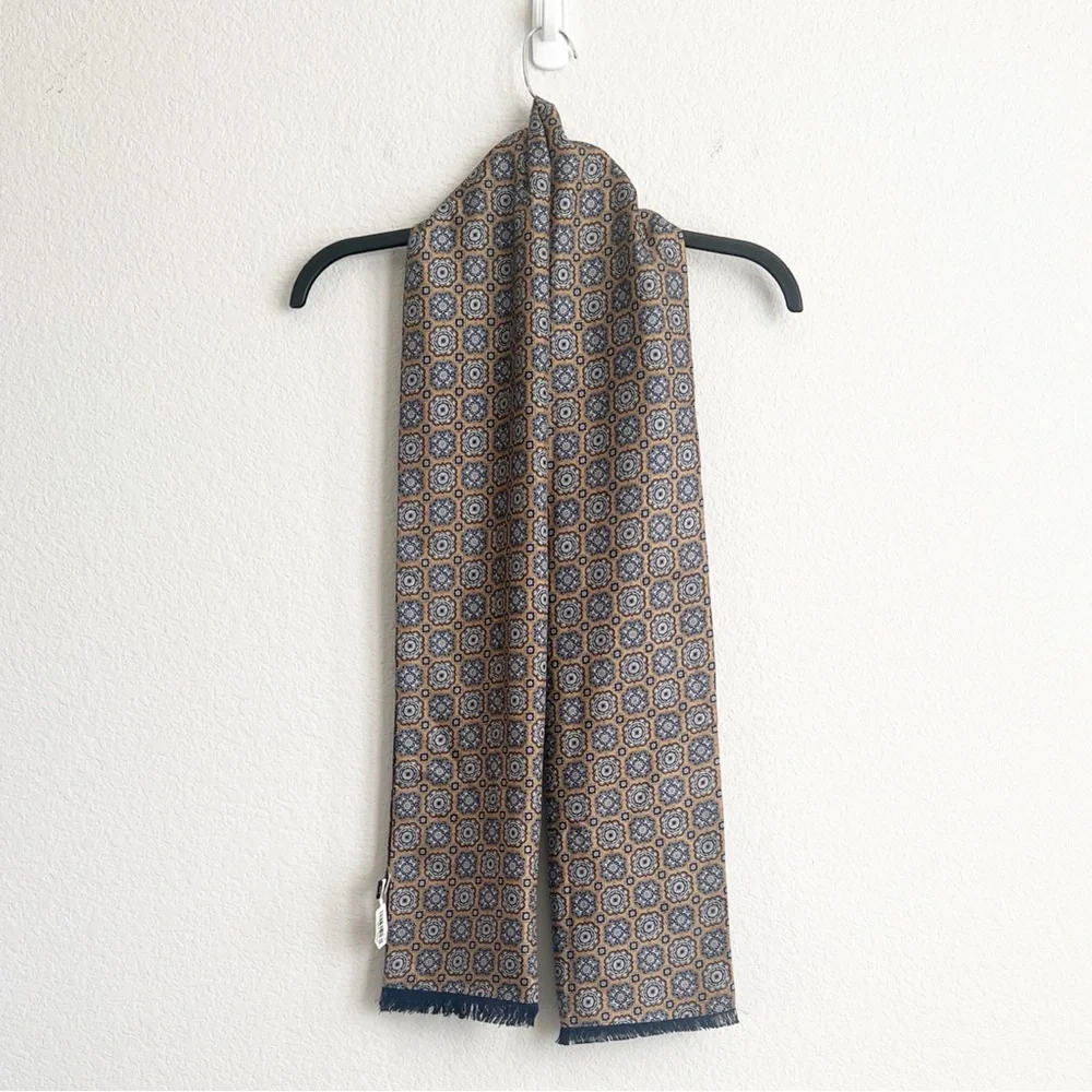 Jos. A. Bank Silk Patterned Scarf in Blue and Gold, NEW